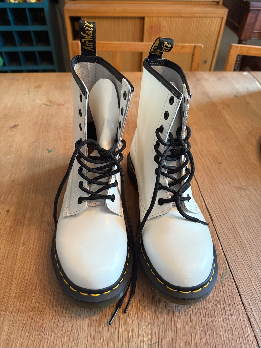 Dr. Martens Lace Up Combat Boots with Black Laces and Yellow Stitching